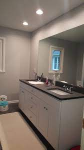 After Bathroom Remodel Sherwin Williams Gray Screen Paint Granite Countertop 3 Recessed Can Lights In Bathroom Bathrooms Remodel Bathroom Recessed Lighting