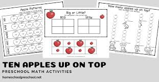 Extend his playful use of number words, rhyme, and imagination with this collection of classroom activities, games, and crafts. Printable Ten Apples Up On Top Preschool Math Activities