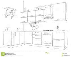 Sketch Contour Drawing Of 3d Modern Corner Kitchen Interior Black And White Stock Illustrati Interior Design Drawings Interior Design Sketches Kitchen Interior
