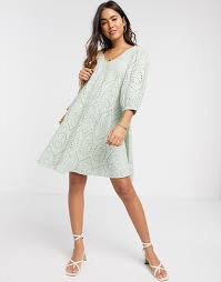 Y A S Broderie Mini Smock Dress With Volume Sleeve And V Neck In Green In 2020 Best Summer Dresses Summer Dresses For Women Holiday Outfits Women