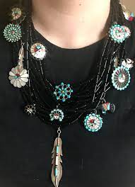 Native American Zuni Inlay Charm Necklace With 15 Strands Of Black Onyx Beads This Nec Diy Jewelry Making Necklace Round Bead Necklace American Indian Jewelry