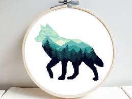Beautiful fairy with wolf cross stitch pattern. Wolf Turquoise Silhouette Modern Cross Stitch Pattern Animal Forest Mountains Easy Counted Cross Stitch Cross Stitch Art Cross Stitch Cross Stitch Animals