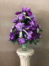 These are gorgeous spring/summer colors of yellow, & green permanent cemetery vase arrangements. Silk Cemetery Vase Purple In Gulfport Ms Forget Me Not Florist