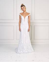 Off The Shoulder Fit And Flare Wedding Dress With Floral Embroideries Jane Hill S Wedding Gowns Lace Fit And Flare Wedding Dress Wedding Dresses Kleinfeld