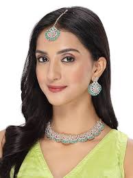 Admirable Fashionable AD Green Stones Collar Bone Necklace Set With Earring  And Maangtika