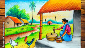 How to draw easy and simple scenery for beginners with oil pastels. Beautiful Village Landscape Scenery Drawing How To Draw Nature Easy Youtube