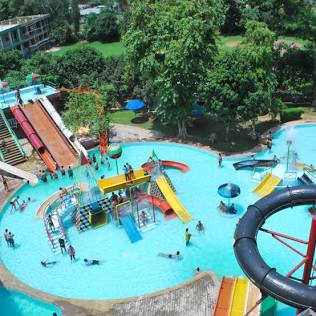 Lush resort grounds and pools, AI generated