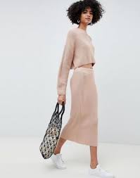 Knit set, consisting of skirt with cute hem detail and cozy sweater (pearls on the back!). Asos Design Co Ord Skirt In Rib Knit Asos