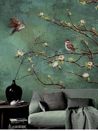 Birds And Flowers Wallpaper Vintage Dark Birds And Flowers Wallpaper Nature Wall Mural Etsy In 2020 Dark Green Walls Wall Wallpaper Wall Murals