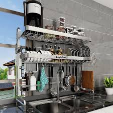 Get it now on amazon.com. Buy Over Sink Dish Drying Rack Loyalfire 2 Tier Full Stainless Steel Large Storage Adjustable Kitchen Dish Rack 24 41 37 6 Expandable Dish Drainer Shelf Rack With Utensil Holder Cup Hanging Set Online In