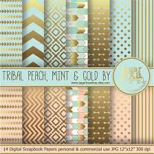 Tribal Gold Pale Coral Salmon Peach Mint Digital Paper Etsy Digital Scrapbook Paper Digital Paper Scrapbook Blog