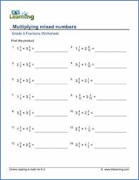 Assess fifth grade fraction concepts, including equivalent fractions, adding with unlike denominators, improper fractions, and grade 5 fractions worksheets: Grade 5 Fractions Worksheets Multiplying Mixed Numbers K5 Learning