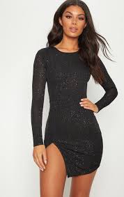 Black Glitter Split Leg Bodycon Dress Head Online And Shop This Season S Range Of Dresses At Prettylittl Black Sparkly Dress Glitter Dress Short Bodycon Dress
