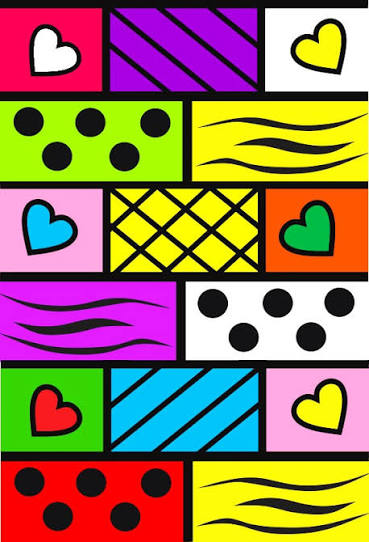 Ilustração vibrante em formato de parede de tijolos com contornos pretos bem espessos. Cada bloco retangular possui um fundo colorido vibrante (como vermelho, verde, amarelo, azul, rosa e roxo) e é preenchido por padrões geométricos ou ícones simples, incluindo corações de cores variadas, bolinhas pretas (poás), listras diagonais, linhas onduladas e um padrão quadriculado.