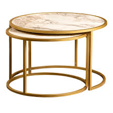 Dark brown medium round wood coffee table with smooth top. Decorotika Tambur Metal Manufactured Wood Round Nesting Coffee Table Set Of 2 Ephesus Gold