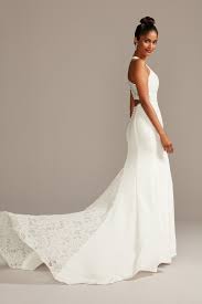 Sheer Back Crepe Wedding Dress With Lace Train David S Bridal Petite Wedding Dress Wedding Dresses Lace Sheer Wedding Dress