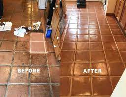 Before And After Kitchen Saltillo Tile Restoration By Alex Stone And Tile Services Los Angeles San Fernando Valle Saltillo Restoration Cleaning Tile Floors