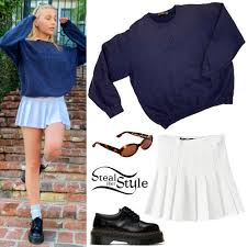 White pleated tennis skirt, $50, los angeles apparel. Emma Chamberlain Navy Sweatshirt White Mini Skirt Steal Her Style