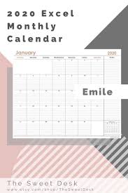 Printable Minimalist Calendar 2020 Excel Template Editable Etsy Excel Calendar Template Weekly Planner Template Excel Calendar