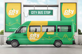City Bus On Bus Stop Branding Mockup In Outdoor Advertising Mockups On Yellow Images Creative Store