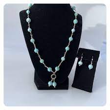 Larimar Beaded Necklace And Earring Set Larimar Beaded Necklace Larimar Beaded Earrings Larimar And Ste Caribbean Jewelry Beaded Earrings Beaded Necklace
