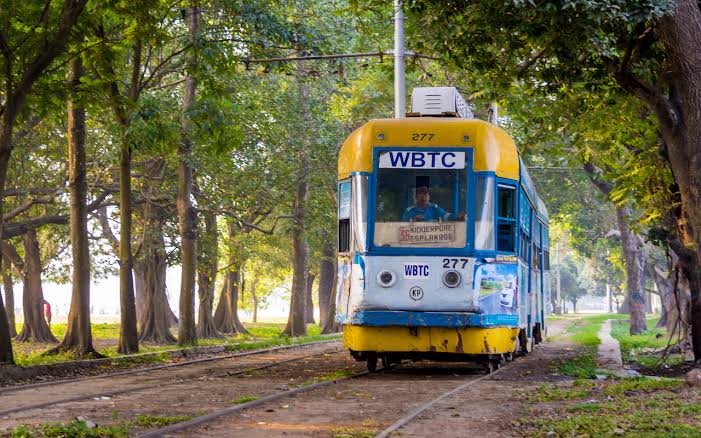 Vintage tram cutting through Maidan, AI generated