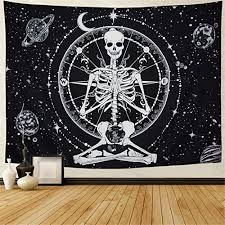Amonercvita Starry Skull Tapestry Moon Planet Chakra Tapestry Yoga Meditation Skeleton Tapest Star Tapestry Black And White Stars Tapestry