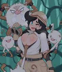 1girls adventurer's discovery afrobull big breasts black hair  cleavage dubious consent gloves imminent sex jungle mankey pokémon  (species) pokemon primeape pulling clothing pulling down shirt sweat tagme  