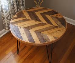 Round Chevron Patterned Coffee Table A Modern Piece Handcrafted Out Of Reclaimed Barn Wood And Steel Hairpin Legs Coffee Table Handmade Coffee Table Table
