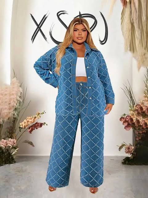 2 Piece Set Women Jeans Jacket Winter Casual Outfits Long Sleeve Denim Plaid Coat And Pants Sets Plus Size Clothes Asia Size
