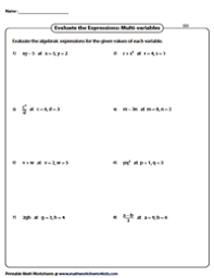 Algebraic expression class 7 topic: Evaluating Algebraic Expression Worksheets