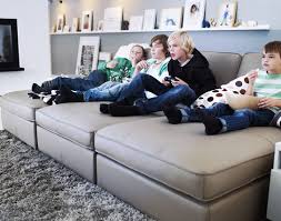 Ikea Kivik Chaise Longue In Leather With Children Who Play Video Games Game Room Family Kids Movie Room Kids Tv Room