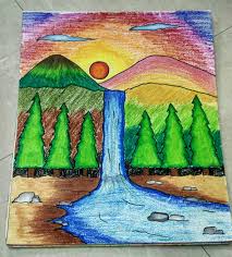 Sedangkan oil pastel tuh empuk, mudah digunakan untuk gradasi dan warnanya lebih keluar, dengan ketelatenan, kita akan belajar sabar untuk tidak mengotori hasil karya karena untuk mengakali residu oil pastel adalah dengan terus berlatih sehingga semakin jago, semakin sedikit residu yang dihasilkan. A Sceney By Oil Pastels Nature Art Drawings Oil Pastel Drawings Easy Oil Pastel Drawings