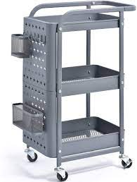 Does it need to be rolling, or can it stay in one place? Kingrack 3 Tier Storage Rolling Cart Metal Push Cart With Diy Pegboard Trolley Organizer With Utility Handle And Extra Baskets Hooks For Kitchen Office Home Grey Walmart Com Walmart Com