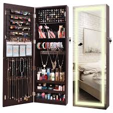 It helps you to place your jewelry in an organized manner and prevents them from getting tangled while keeping your jewelry safe and away from kids. Aoou Jewelry Organizer Hanging Wall Mounted Jewelry Armoire Full Length Mirror Led Lock Door Jewelry Cabinet With Best Intelligent Switch Large Storage Capacity 3 Changeable Led Lights Colors Brown Buy Online In