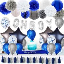These precious baby shower supplies feature sweet baby blue elephants with classic polka dot and gingham accents. Joymemo Navy Blue Decorations For Baby Shower Blue Baby Shower Decoration For Boys Mommy To Be Sash Lanterns Honeycomb Ball Confetti Balloons Oh Boy Foil Balloons