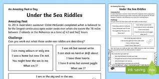 In here, you will be asked a riddle, and you will have to answer that riddle, with all the answers being related to animals in one way or another. Under The Sea Riddles Sea Creatures Activity