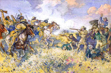 C.W. Jefferys' depiction of the confrontation at Seven Oaks., AI generated