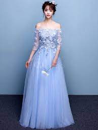 Long Prom Dress Tulle Baby Blue Party Dress Off The Shoulder Beading Flower Half Sleeve A Line Maxi Occas Baby Blue Prom Dresses Prom Dresses Prom Dresses Long