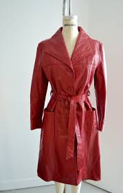 Vintage 70s Red Leather Long Coat Jacket Raincoat By Cougarvintage Long Leather Coat Long Coat Jacket Long Coat