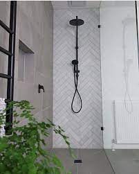 Matte Black Rail Shower With Overhead Round Rose Matte Black Wall Mixer And Matte Black Wall M Bathroom Interior Design Bathroom Inspiration Bathroom Interior