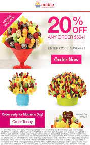 Jul 19, 2021 · go to ediblearrangements.com and select your favorite products to add to your shopping cart, but don't pay for them directly!look for edible arrangements 50% 25 off coupon on hotdeals.com, enter it on the edible arrangements checkout page, and you'll get a discount to ediblearrangements.com!besides, you can also find other coupons on. Edible Arrangements July 2021 Coupons And Promo Codes
