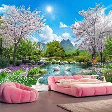 Custom 3d Photo Wallpaper Home Decor Cherry Blossom Tree Swan Deer Landscape Wall Painting Living Room Bedroom Mural Wall Paper Wallpapers Aliexpress Landscape Wall Painting Mural Wallpaper Landscape Walls