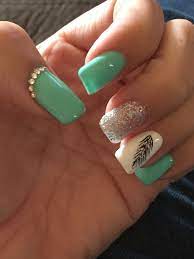 Feather On Gel Nails Short Acrylic Nails Designs Teal Nails Country Girl Nails