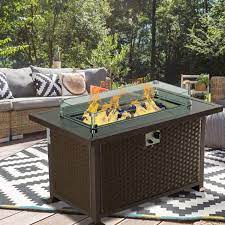 Entertain friends and loved ones by the cozy glow of a fire, without having to chop a single piece of firewood. Best Choice Products 52in Outdoor Wicker Propane Fire Pit Table 50 000 Btu W Glass Wind Guard Cover Brown Tank Holder Outdoor Heating Patio Lawn Garden Fcteutonia05 De