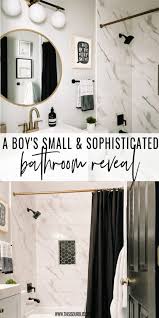 The pink farmhouse pendant light over the vanity is a sweet touch with enduring style. Boy S Sophisticated Small Bathroom Reveal This Is Our Bliss