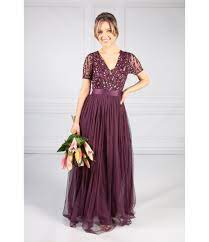 Maya Berry V Neck Sequin And Tulle Dress With Tie Waist Pamela Scott