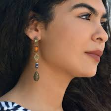 Long Millefiori Glass Vintage Earrings: Burnished Bronze Boho Jewelry