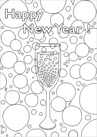 A complex drawing with various objects and symbols making think about new year's celebration. Champagne And Bubbles Happy New Year Adult Coloring Pages