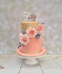 Gold And Peach Two Tier 40th Birthday Cake With Peach Roses And Edible Gold Sequins Rose Gold Cake Gold Birthday Cake Birthday Cake With Flowers